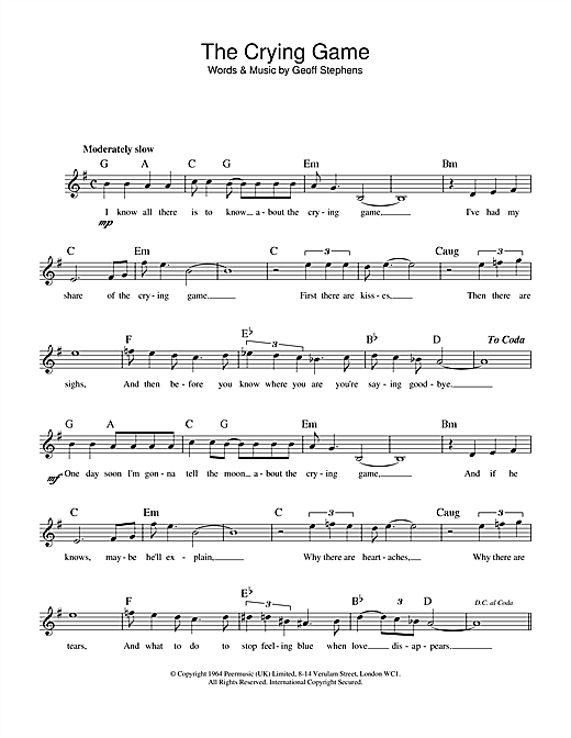 Preview Geoff Stephens The Crying Game Film and TV sheet music, notes and chords for Piano, Vocal & Guitar (Right-Hand Melody), SKU: 20229 The Crying Game sheet music