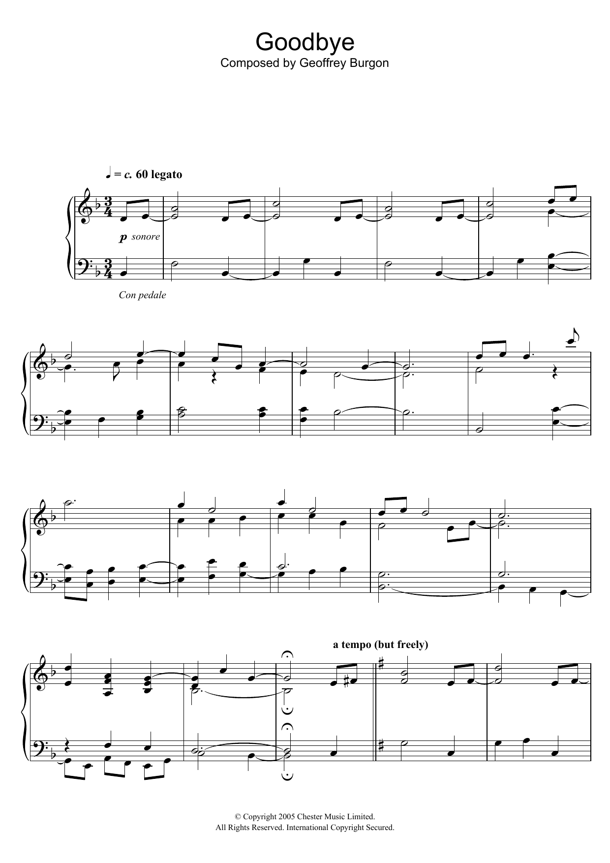 Geoffrey Burgon Goodbye Sheet Music Notes & Chords for Piano - Download or Print PDF