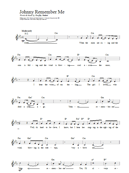 Geoffrey Goddard Johnny Remember Me Sheet Music Notes & Chords for Melody Line, Lyrics & Chords - Download or Print PDF