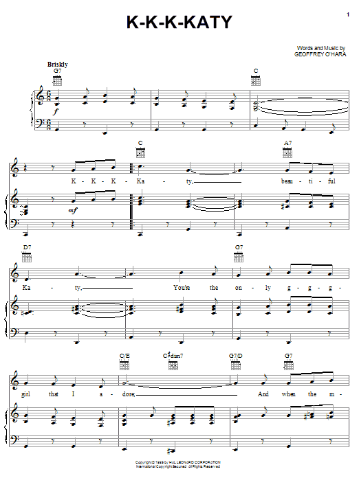 Geoffrey O'Hara K-K-K-Katy Sheet Music Notes & Chords for Piano, Vocal & Guitar (Right-Hand Melody) - Download or Print PDF