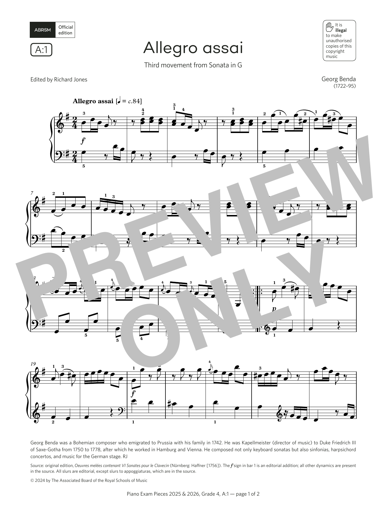 Georg Benda Allegro assai (Grade 4, list A1, from the ABRSM Piano Syllabus 2025 & 2026) Sheet Music Notes & Chords for Piano Solo - Download or Print PDF