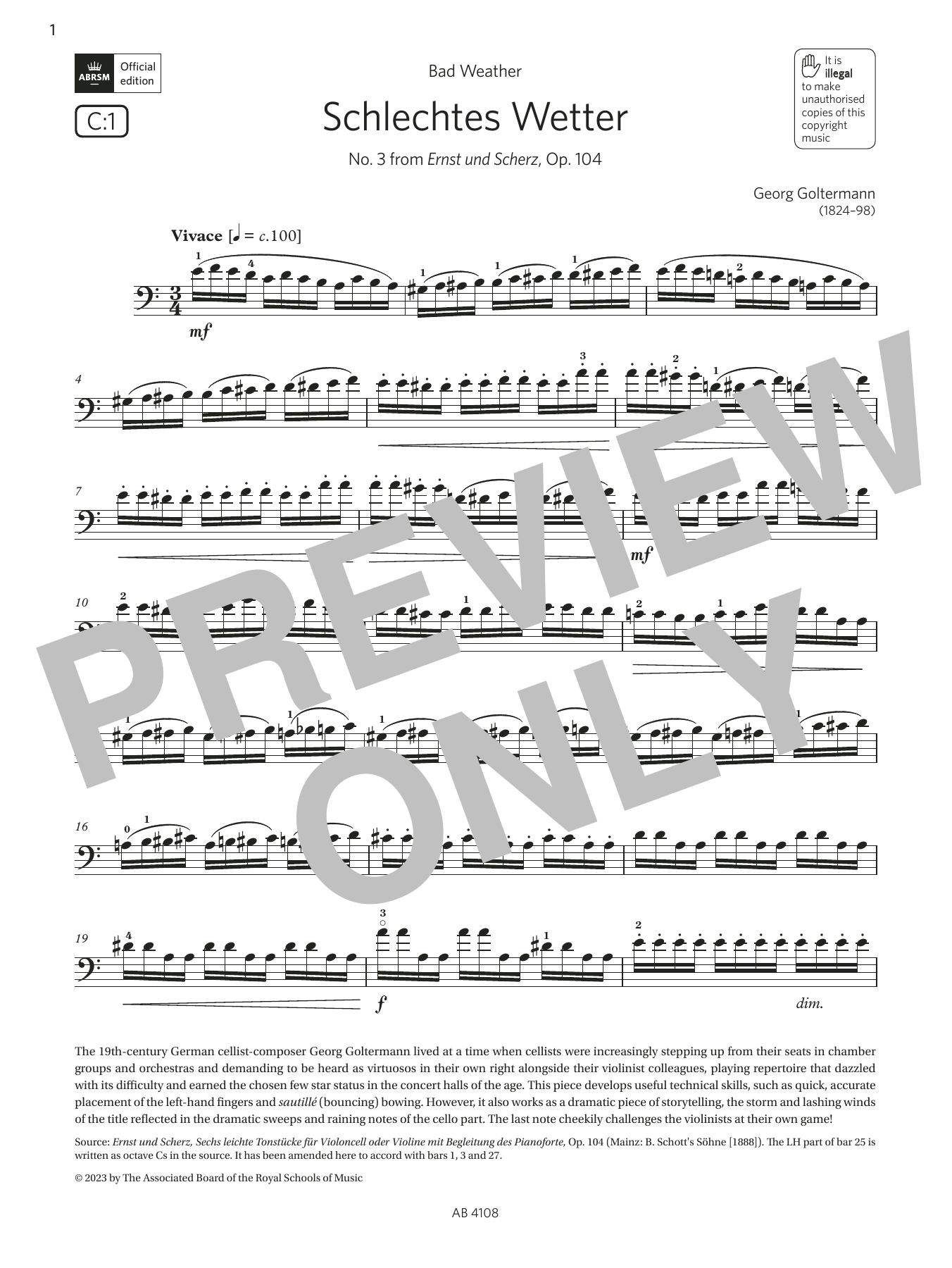 Georg Goltermann Schlechtes Wetter (Grade 5, C1, from the ABRSM Cello Syllabus from 2024) Sheet Music Notes & Chords for Cello Solo - Download or Print PDF