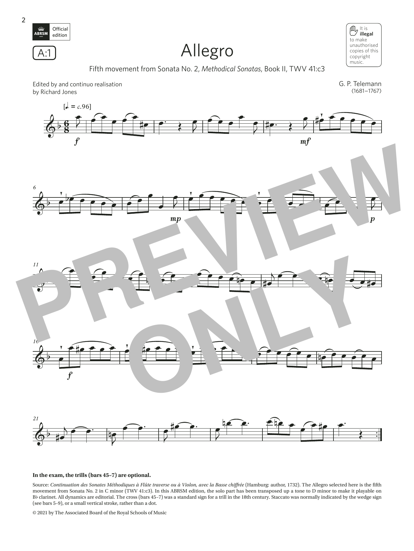 Georg Philipp Telemann Allegro (from Sonata No. 2) (Grade 4 List A1 from the ABRSM Clarinet syllabus from 2022) Sheet Music Notes & Chords for Clarinet Solo - Download or Print PDF