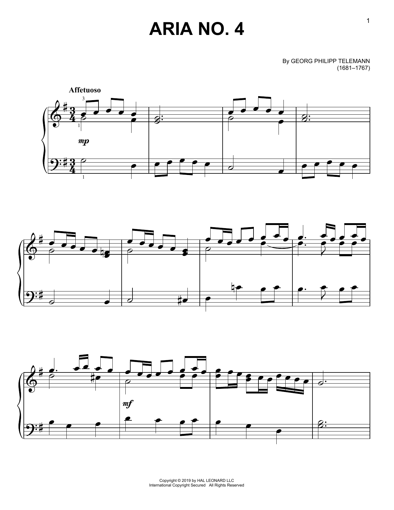 Georg Philipp Telemann Aria No. 4 Sheet Music Notes & Chords for Easy Piano - Download or Print PDF