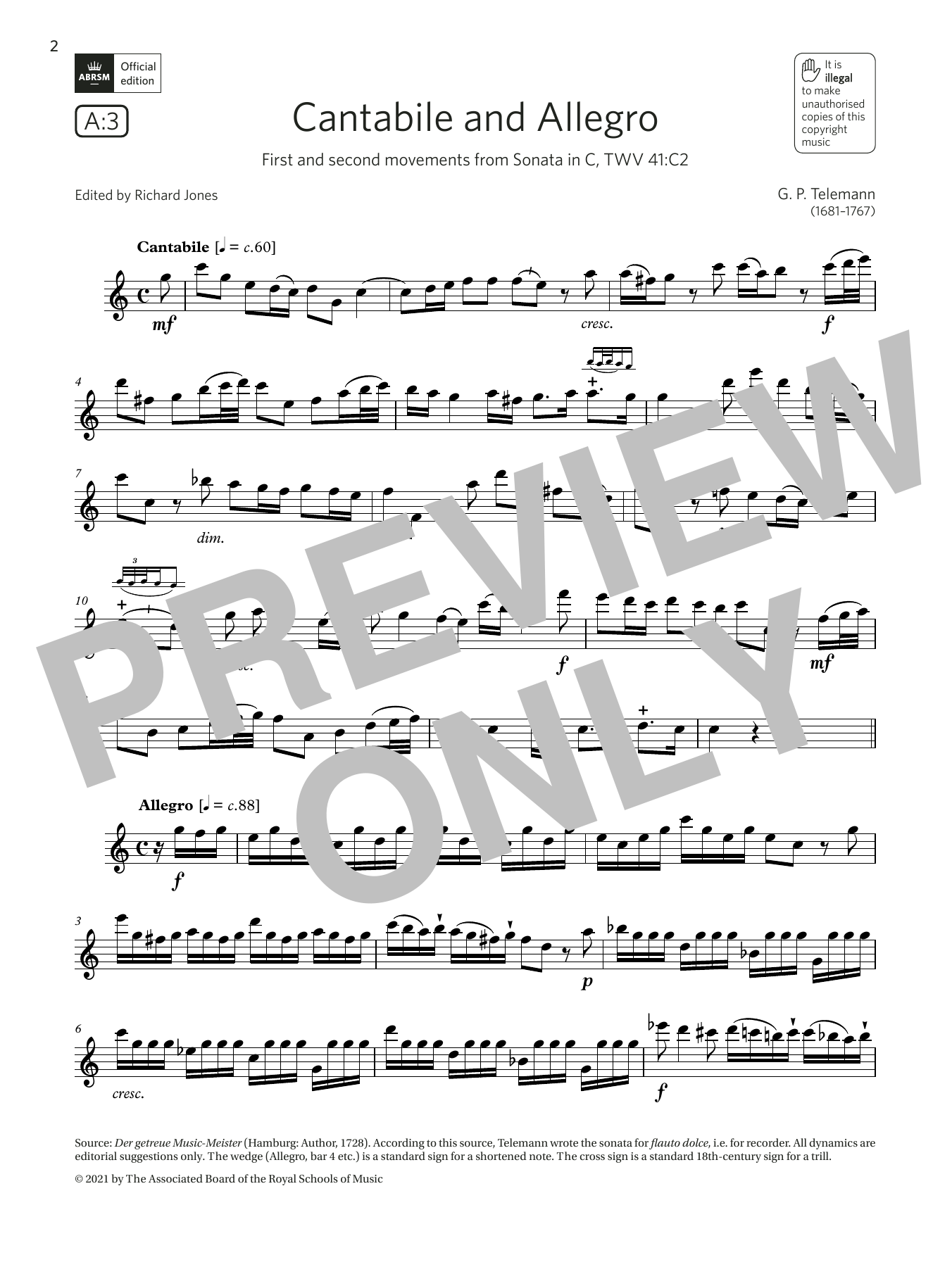 Georg Philipp Telemann Cantabile and Allegro (from Sonata in C) (Grade 6 List A3 from the ABRSM Flute syllabus from 2022) Sheet Music Notes & Chords for Flute Solo - Download or Print PDF