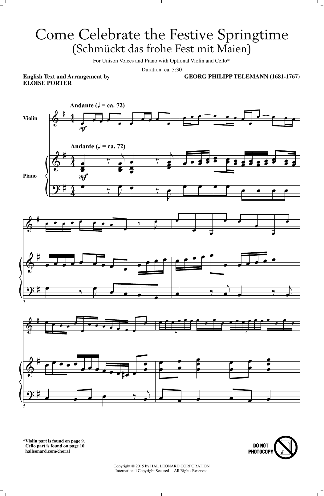 Georg Philipp Telemann Come Celebrate The Festive Springtime (arr. Eloise Porter) Sheet Music Notes & Chords for Unison Choral - Download or Print PDF