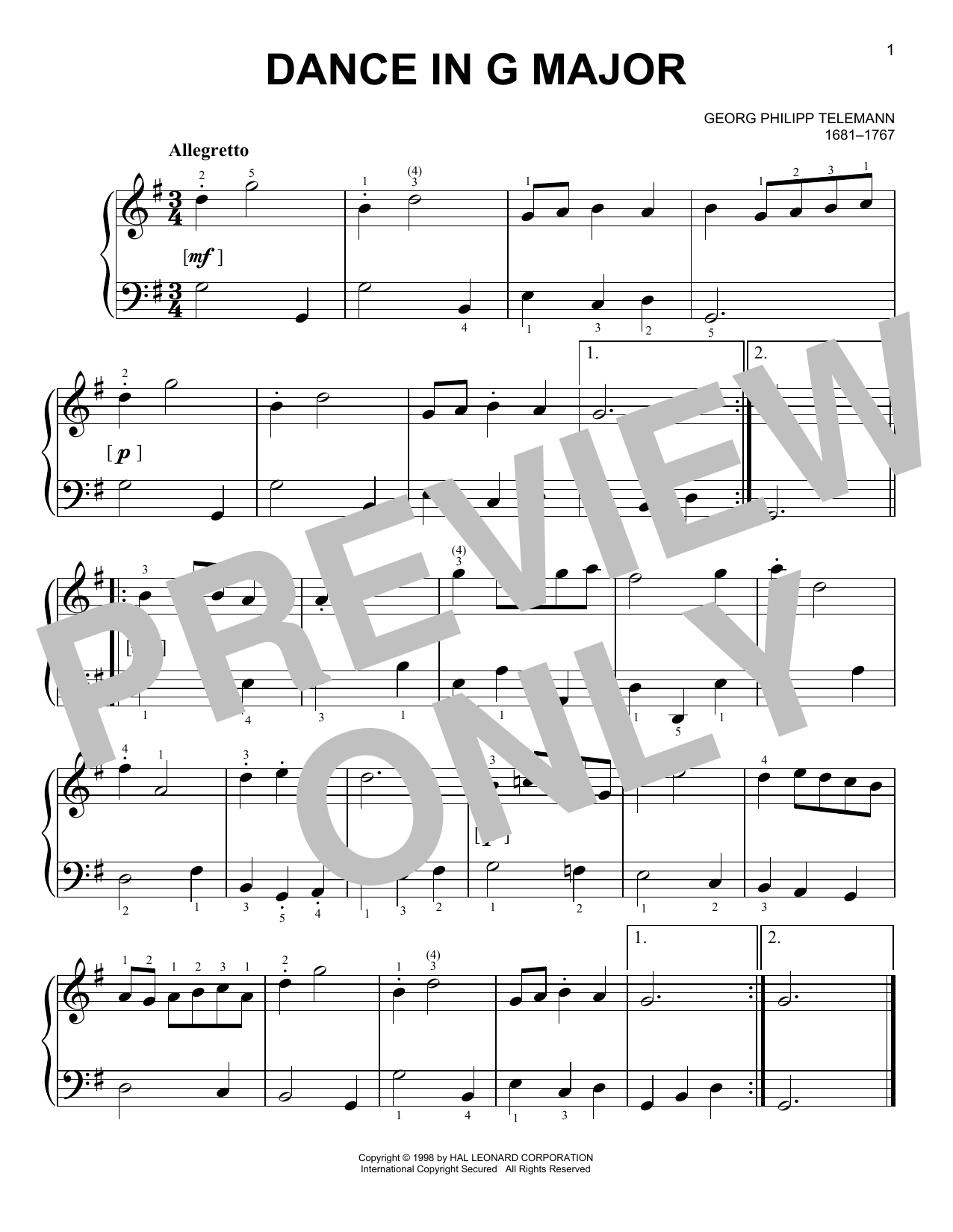 Georg Philipp Telemann Dance Sheet Music Notes & Chords for Piano Solo - Download or Print PDF