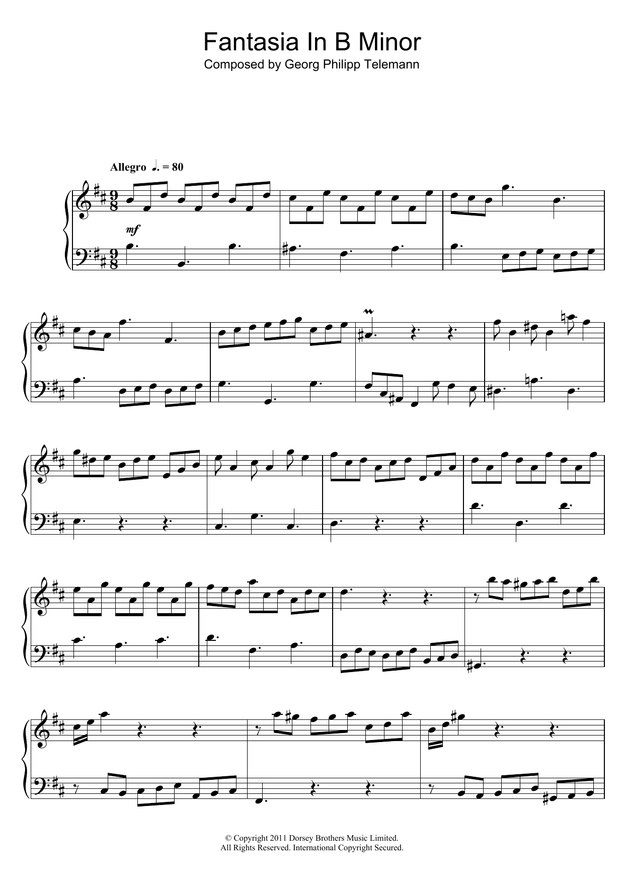 Georg Philipp Telemann Fantasia In B Minor Sheet Music Notes & Chords for Piano - Download or Print PDF