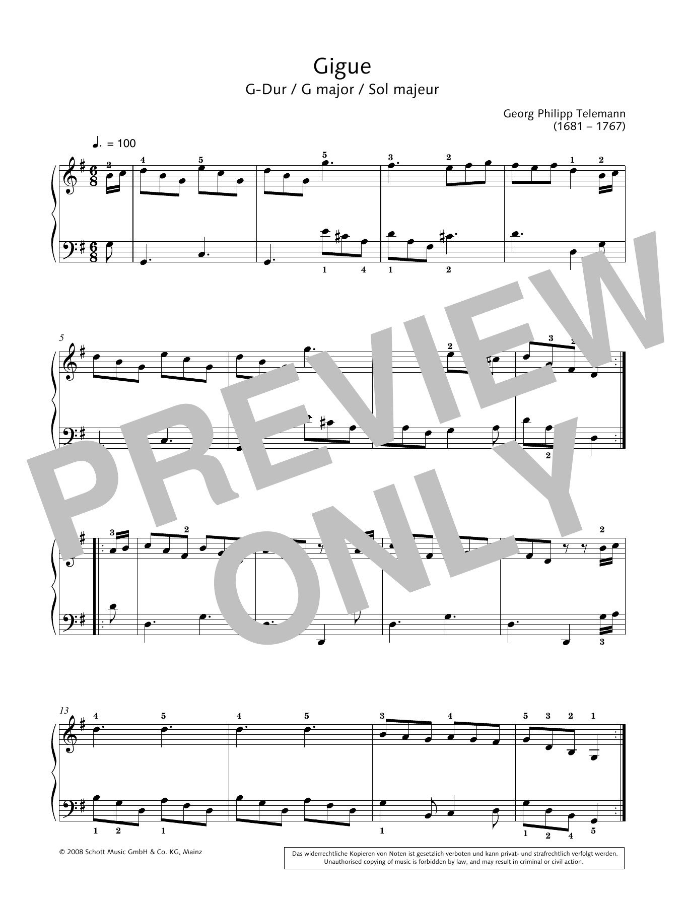 Georg Philipp Telemann Gigue in G major Sheet Music Notes & Chords for Piano Solo - Download or Print PDF