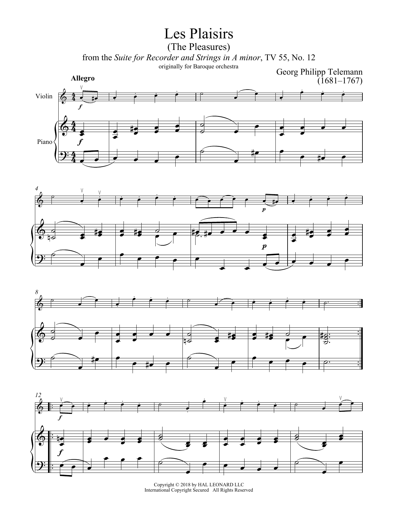 Georg Philipp Telemann Les Plaisirs Sheet Music Notes & Chords for Violin and Piano - Download or Print PDF