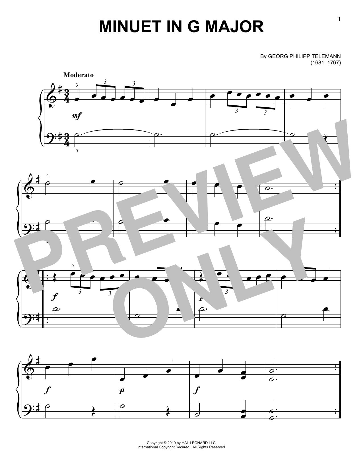 Georg Philipp Telemann Minuet In G Major Sheet Music Notes & Chords for Easy Piano - Download or Print PDF