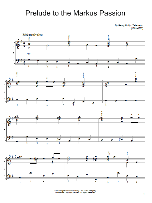 Georg Philipp Telemann Prelude To The Markus Passion Sheet Music Notes & Chords for Easy Piano - Download or Print PDF