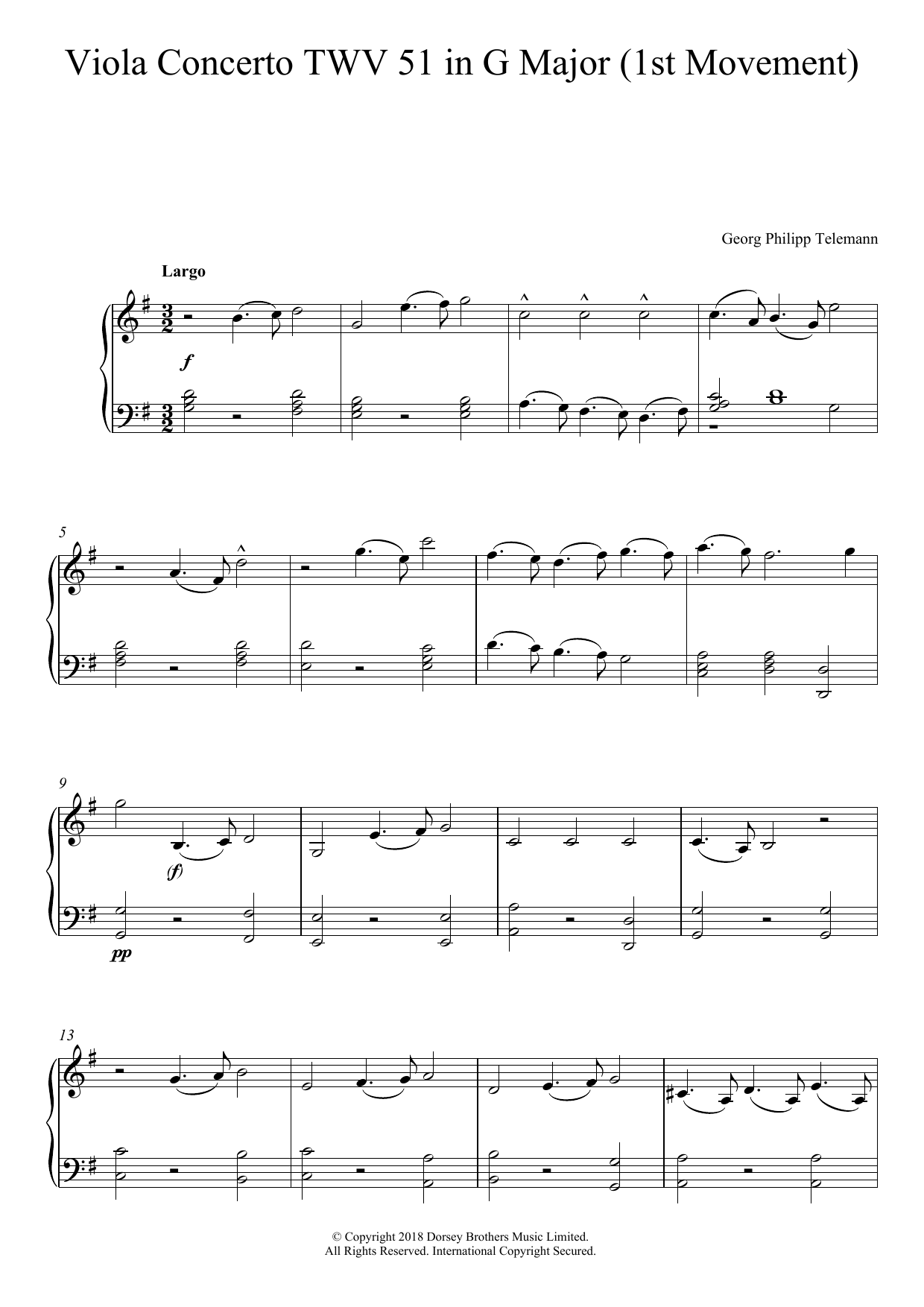 Georg Philipp Telemann Viola Concerto TWV 51 In G Major Sheet Music Notes & Chords for Piano - Download or Print PDF