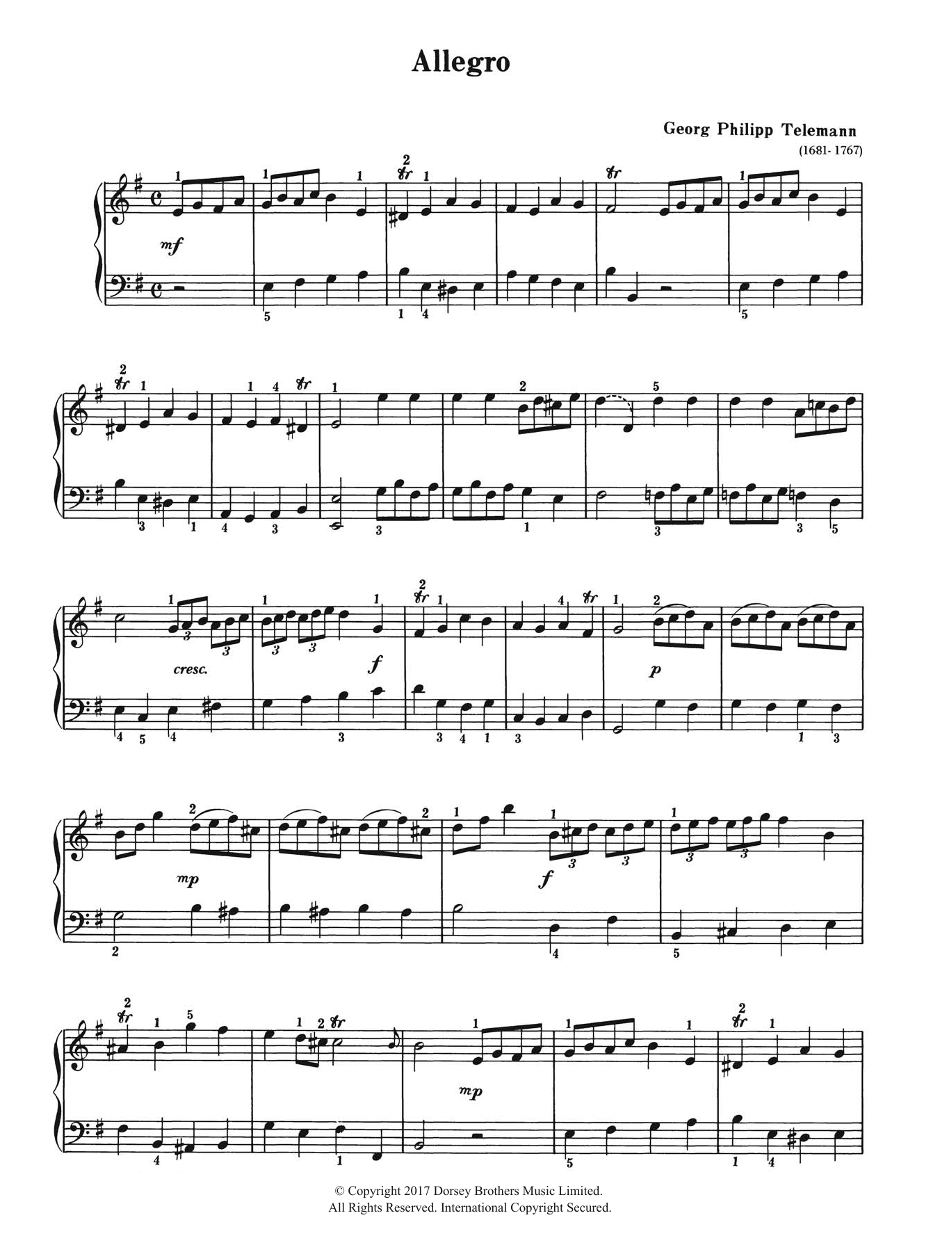 Preview Georg Philipp Telemann Allegro Classical sheet music, notes and chords for Piano, SKU: 124499 Allegro sheet music