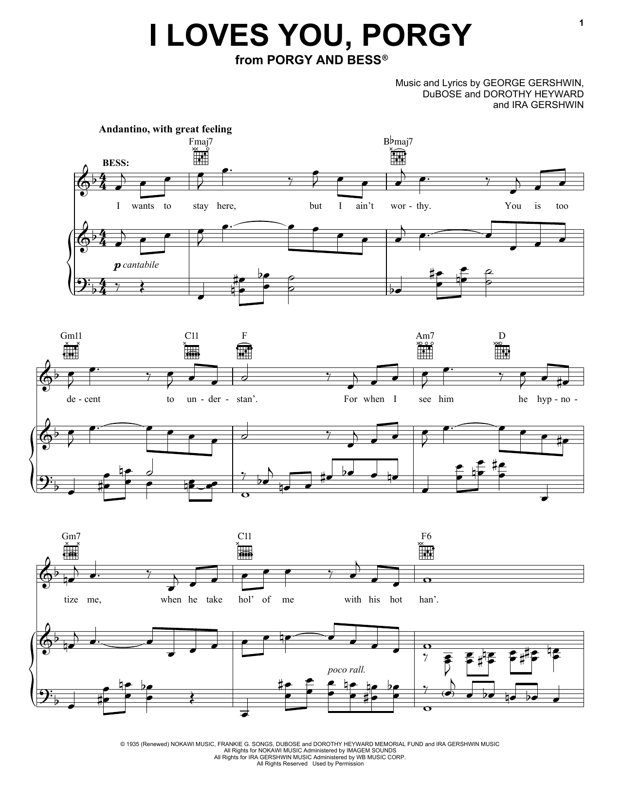 George and Ira Gershwin I Loves You, Porgy Sheet Music Notes & Chords for Piano, Vocal & Guitar (Right-Hand Melody) - Download or Print PDF