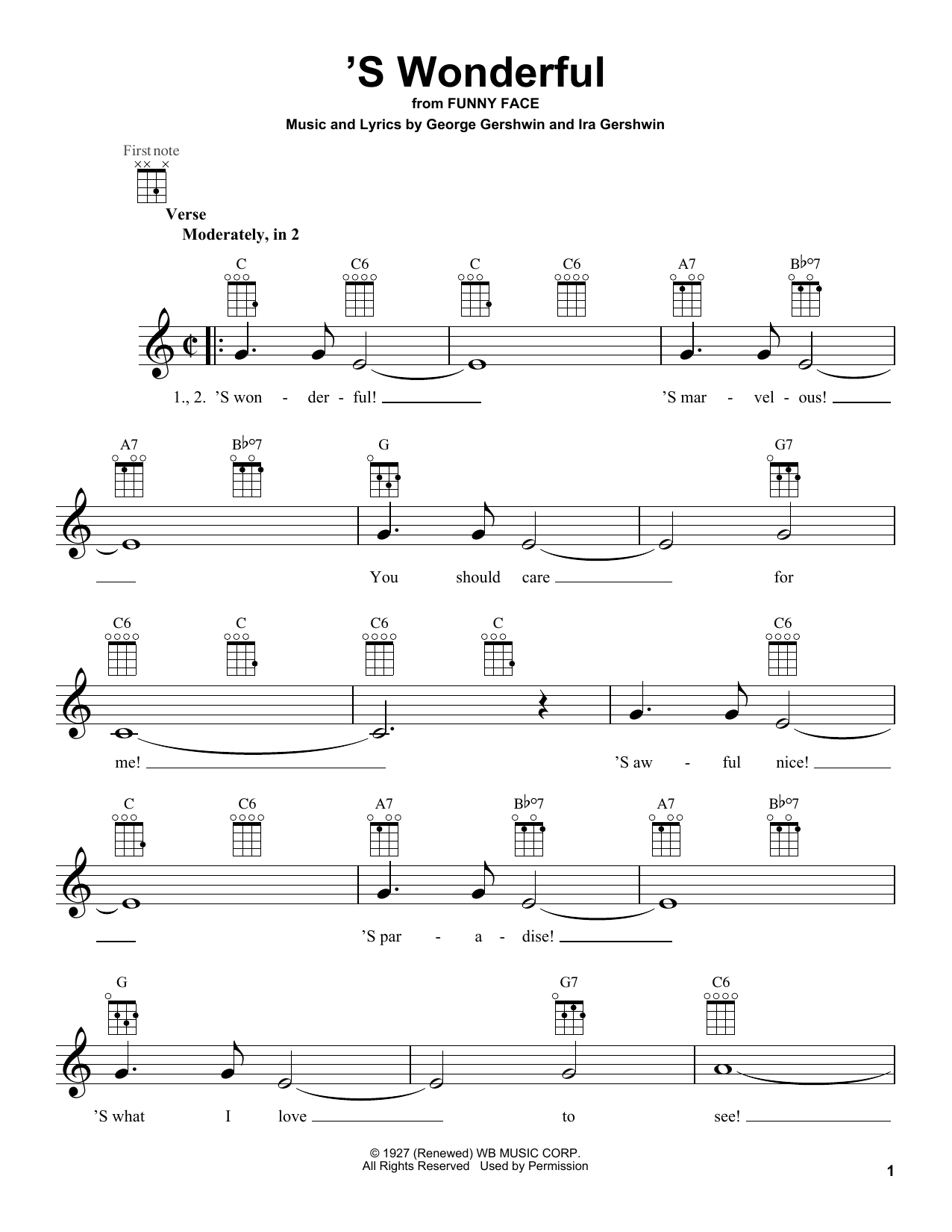 George Gershwin 'S Wonderful Sheet Music Notes & Chords for Ukulele - Download or Print PDF