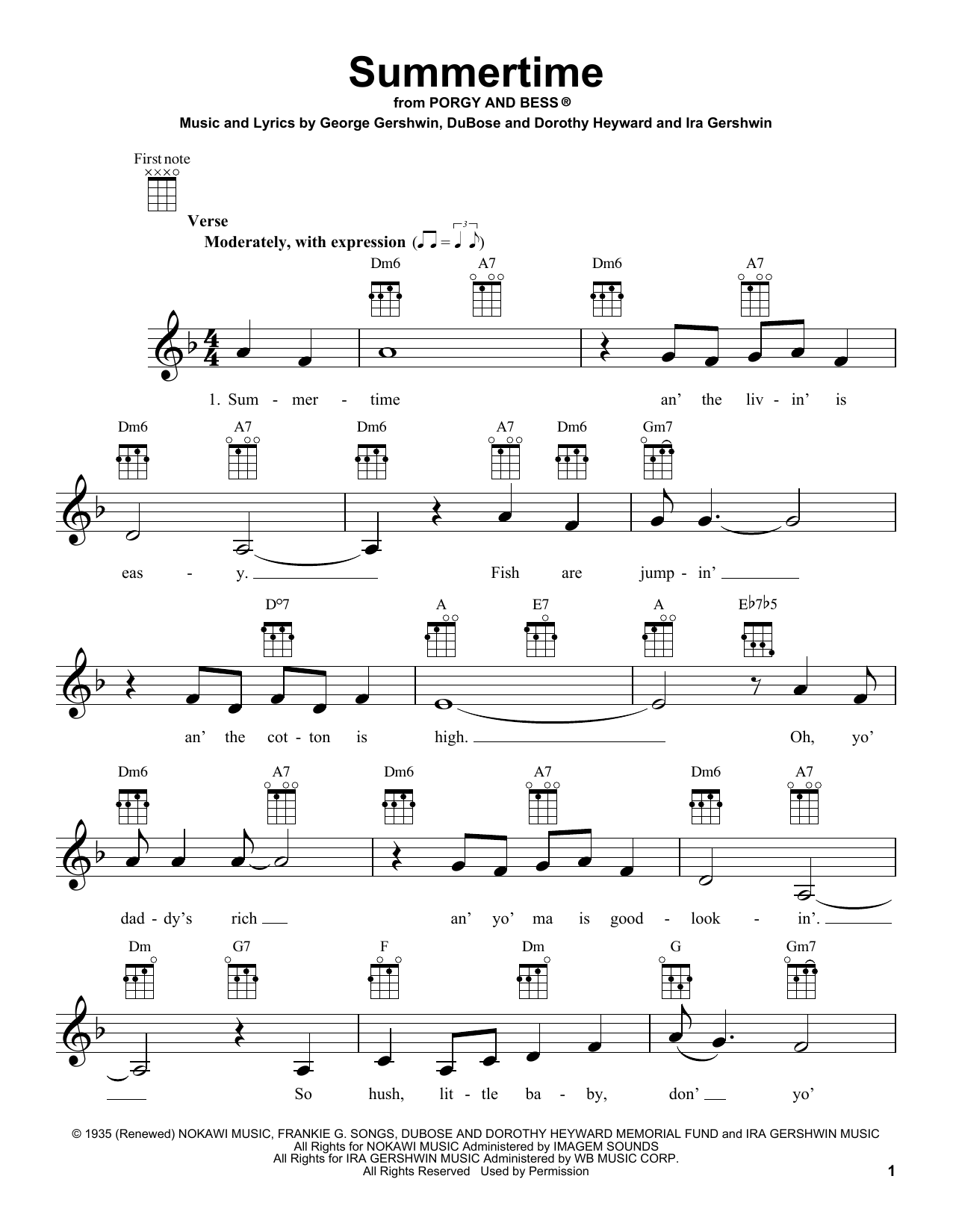 George and Ira Gershwin Summertime Sheet Music Notes & Chords for Ukulele - Download or Print PDF