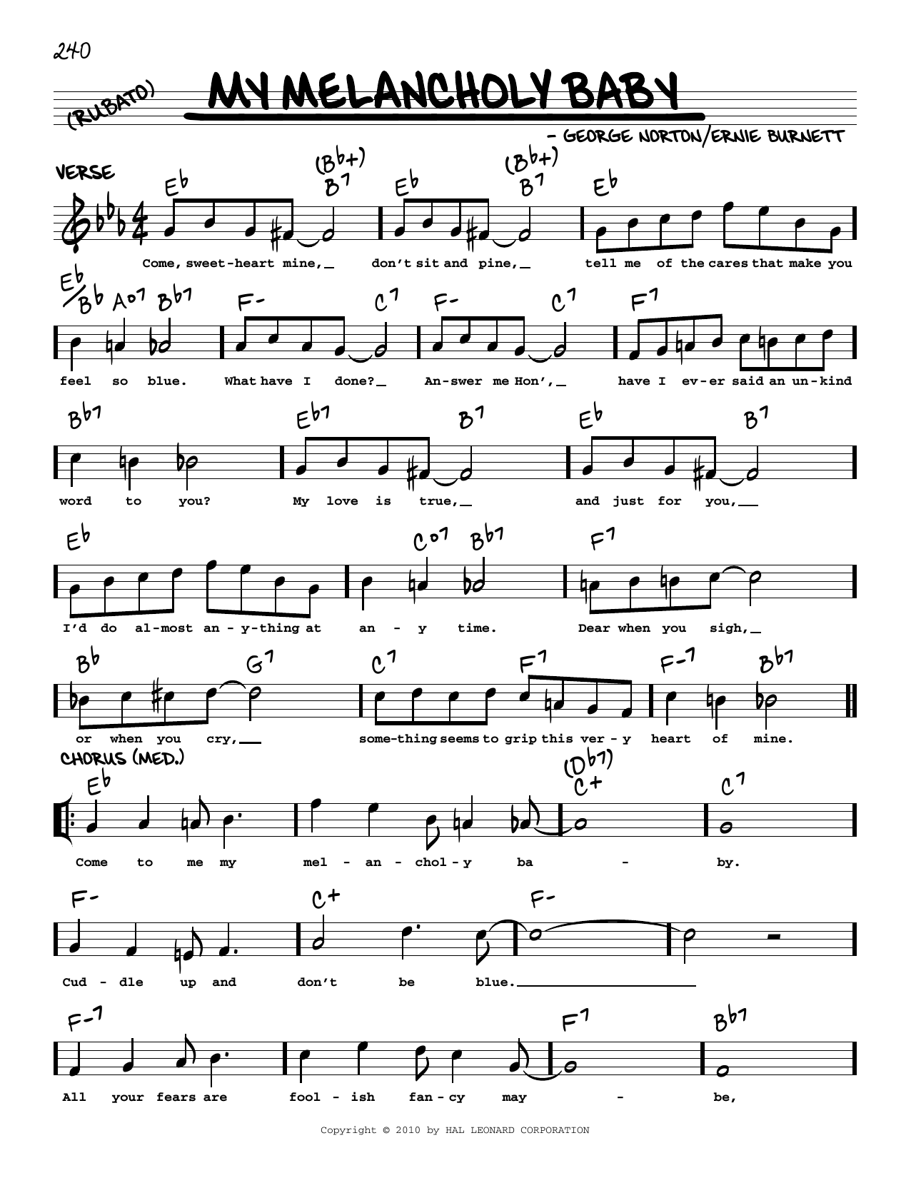 George A. Norton My Melancholy Baby (arr. Robert Rawlins) Sheet Music Notes & Chords for Real Book – Melody, Lyrics & Chords - Download or Print PDF