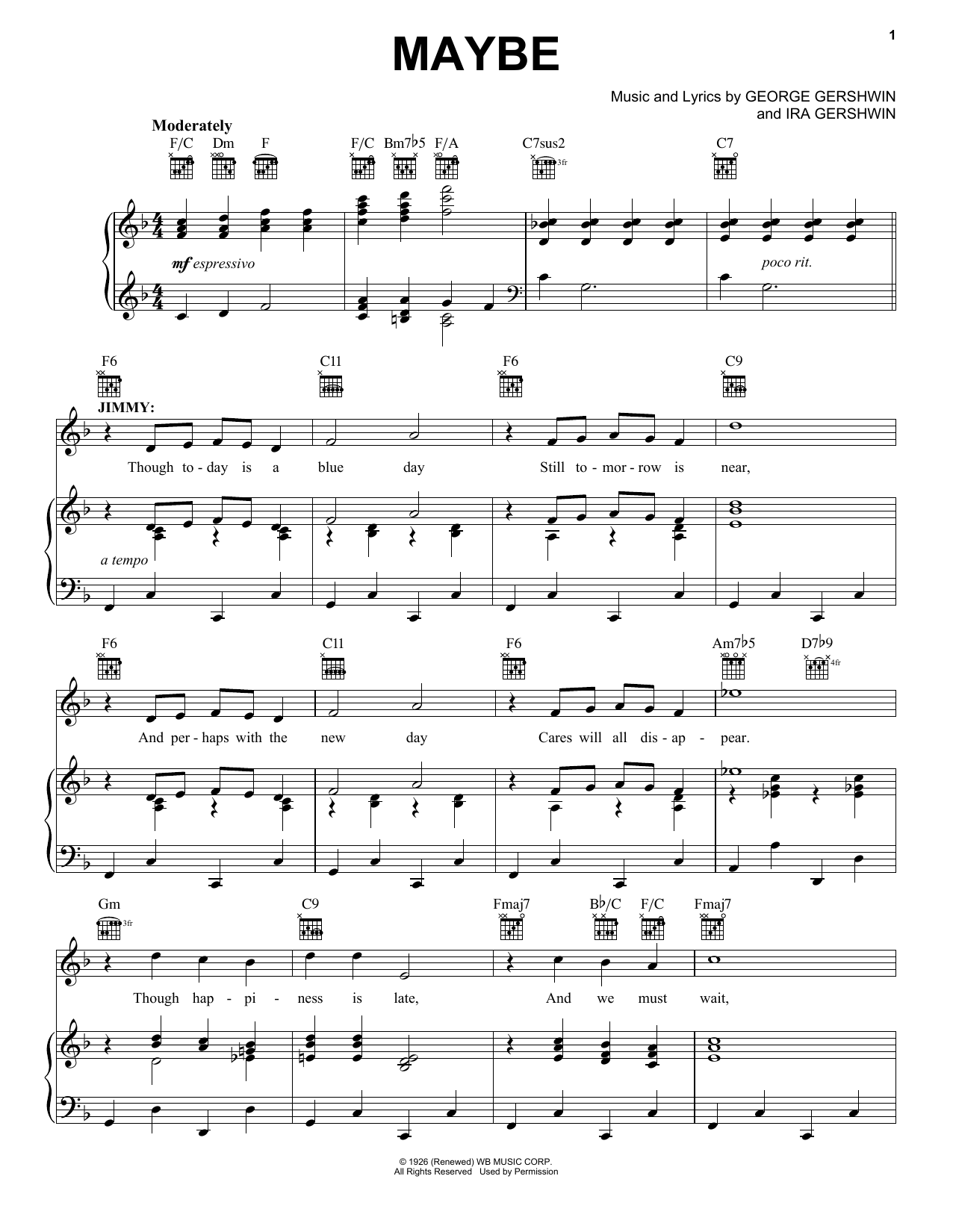 George and Ira Gershwin Maybe Sheet Music Notes & Chords for Piano, Vocal & Guitar (Right-Hand Melody) - Download or Print PDF