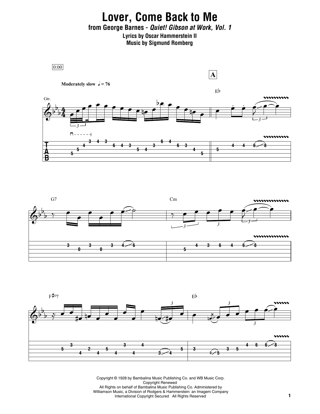 George Barnes Lover, Come Back To Me Sheet Music Notes & Chords for Electric Guitar Transcription - Download or Print PDF