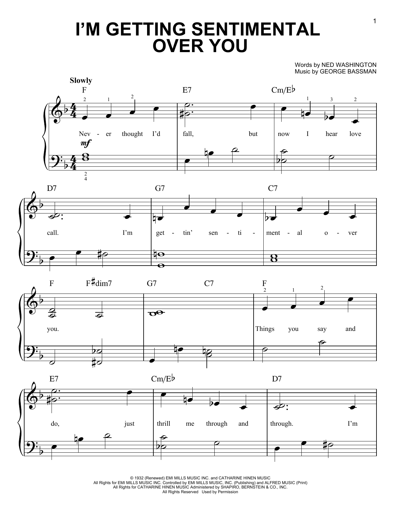 George Bassman I'm Getting Sentimental Over You Sheet Music Notes & Chords for Easy Piano - Download or Print PDF