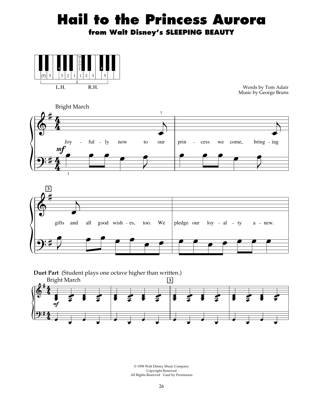 George Bruns Hail To The Princess Aurora (from Sleeping Beauty) Sheet Music Notes & Chords for 5-Finger Piano - Download or Print PDF