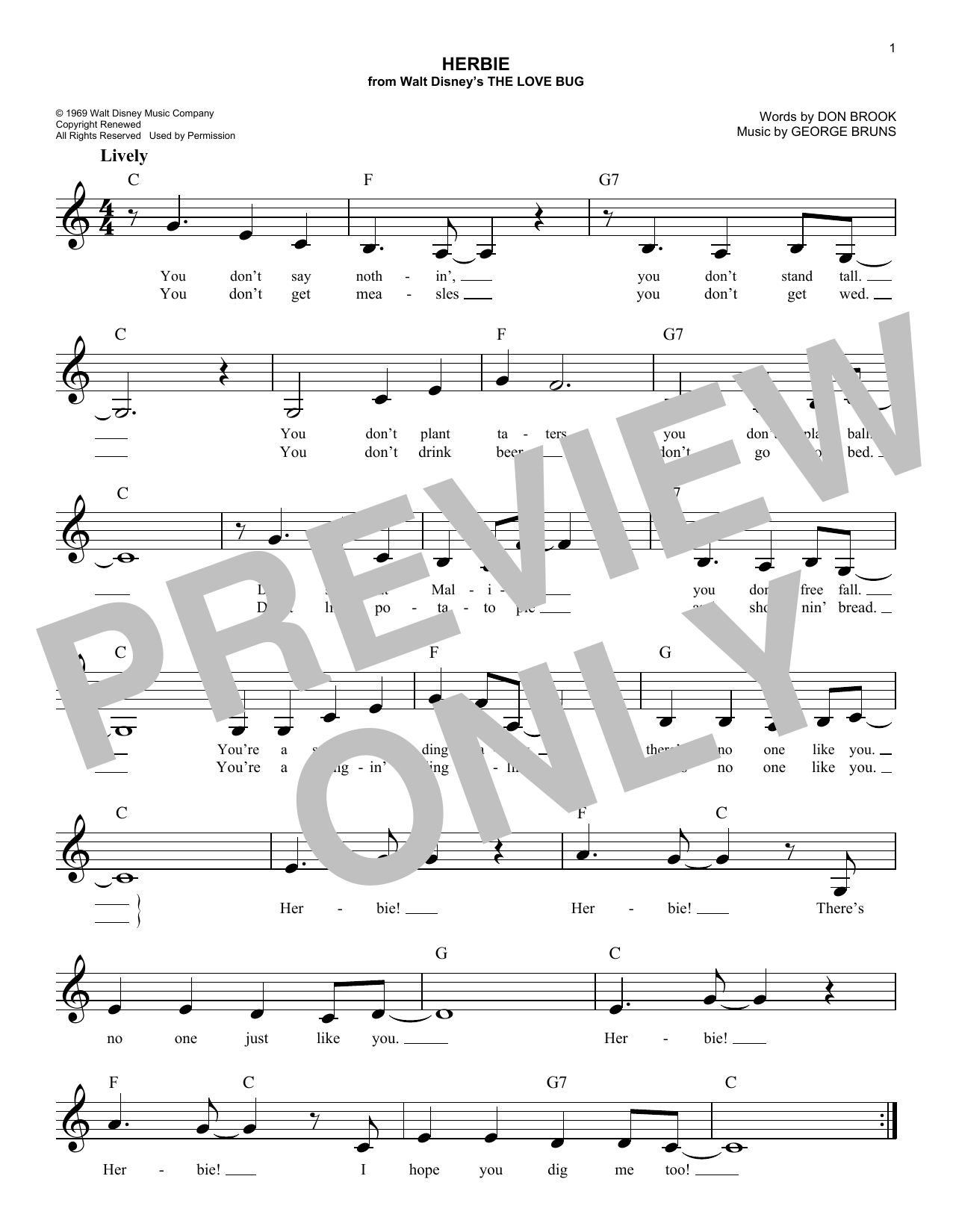 George Bruns Herbie Sheet Music Notes & Chords for Melody Line, Lyrics & Chords - Download or Print PDF
