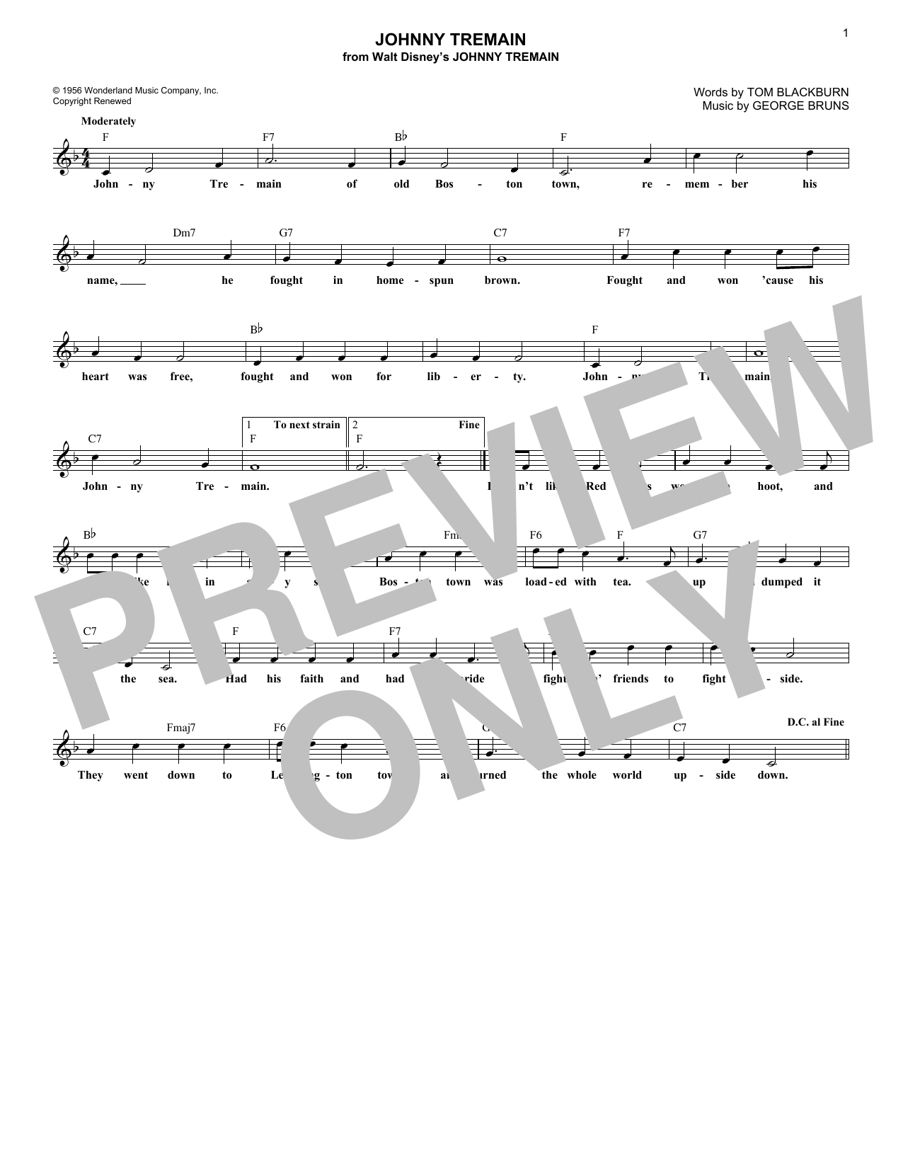 George Bruns Johnny Tremain Sheet Music Notes & Chords for Melody Line, Lyrics & Chords - Download or Print PDF