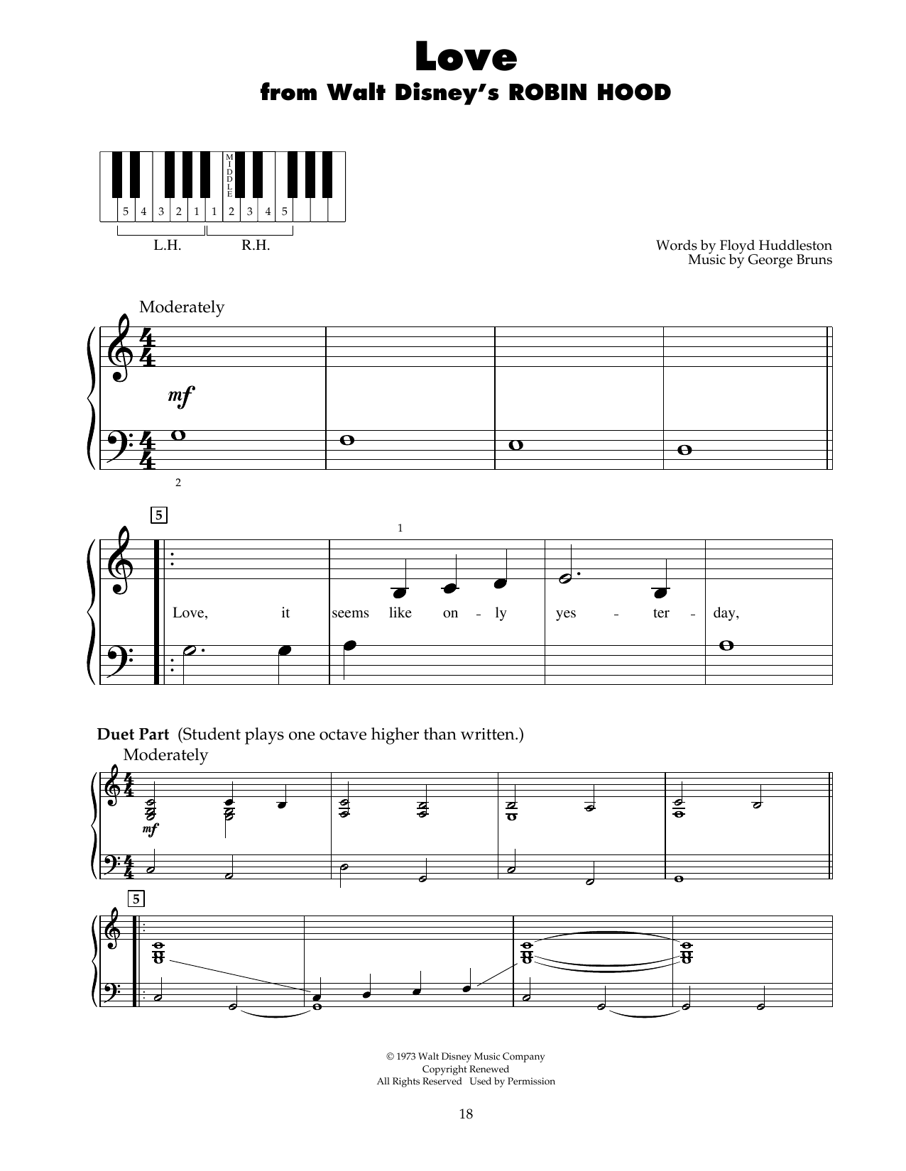 George Bruns Love (from Robin Hood) Sheet Music Notes & Chords for 5-Finger Piano - Download or Print PDF