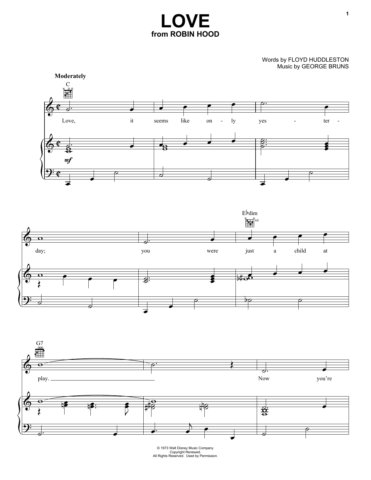 George Bruns Love Sheet Music Notes & Chords for Piano, Vocal & Guitar (Right-Hand Melody) - Download or Print PDF