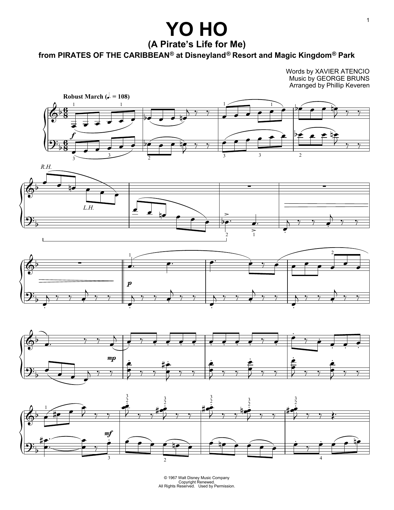 George Bruns Yo Ho (A Pirate's Life For Me) [Ragtime version] (arr. Phillip Keveren) Sheet Music Notes & Chords for Piano - Download or Print PDF