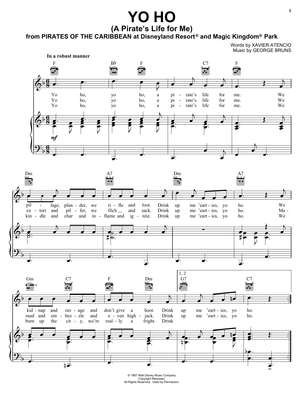Xavier Atencio Yo Ho (A Pirate's Life For Me) Sheet Music Notes & Chords for Piano, Vocal & Guitar (Right-Hand Melody) - Download or Print PDF