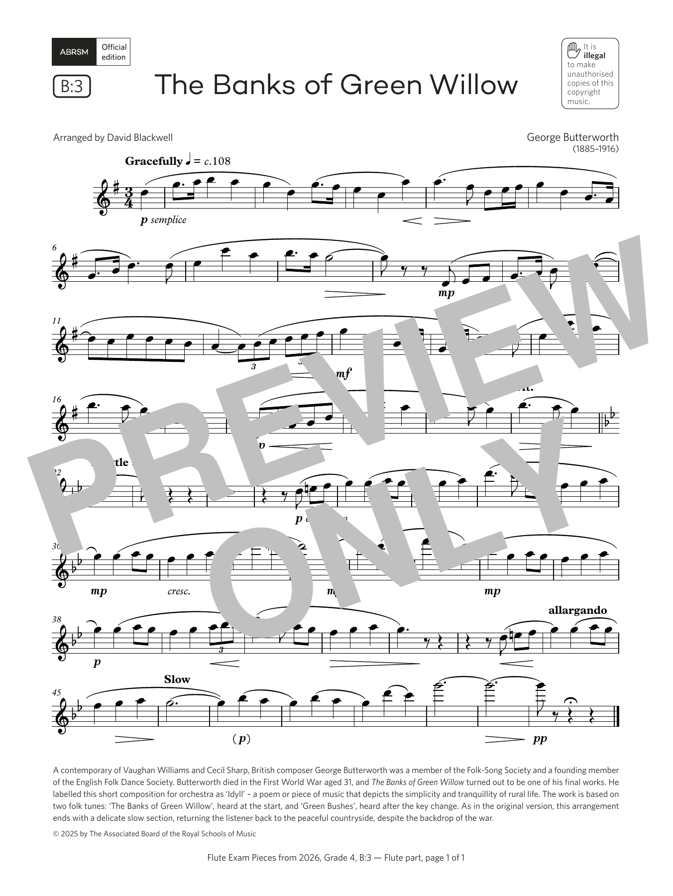 George Butterworth The Banks of Green Willow (Grade 4, list B3, from the ABRSM Flute Syllabus from 2026) Sheet Music Notes & Chords for Flute Solo - Download or Print PDF George Butterworth The Banks of Green Willow (Grade 4, list B3, from the ABRSM Flute Syllabus from 2026) Sheet Music Notes & Chords for Flute Solo - Download or Print PDF