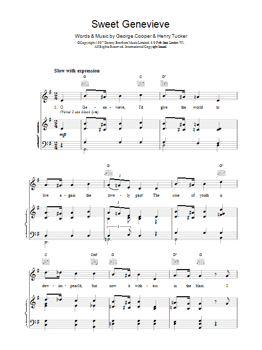 George Cooper Sweet Genevieve Sheet Music Notes & Chords for Piano, Vocal & Guitar (Right-Hand Melody) - Download or Print PDF