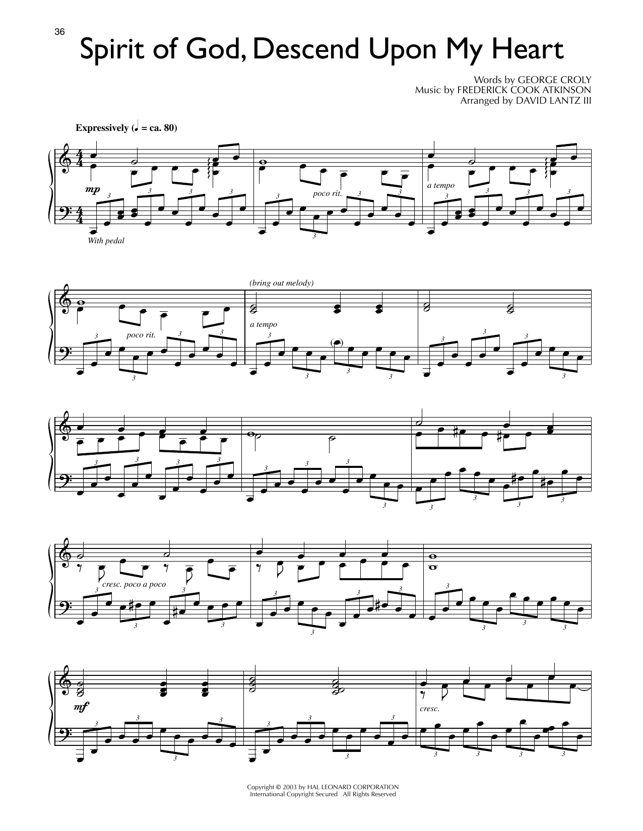 George Croly Spirit Of God, Descend Upon My Heart (arr. David Lantz III) Sheet Music Notes & Chords for Piano Solo - Download or Print PDF