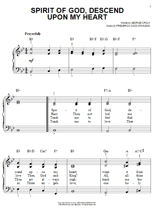 George Croly Spirit Of God, Descend Upon My Heart Sheet Music Notes & Chords for Easy Piano - Download or Print PDF