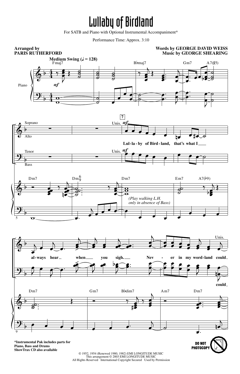 George David Weiss and George Shearing Lullaby Of Birdland (arr. Paris Rutherford) Sheet Music Notes & Chords for SATB Choir - Download or Print PDF