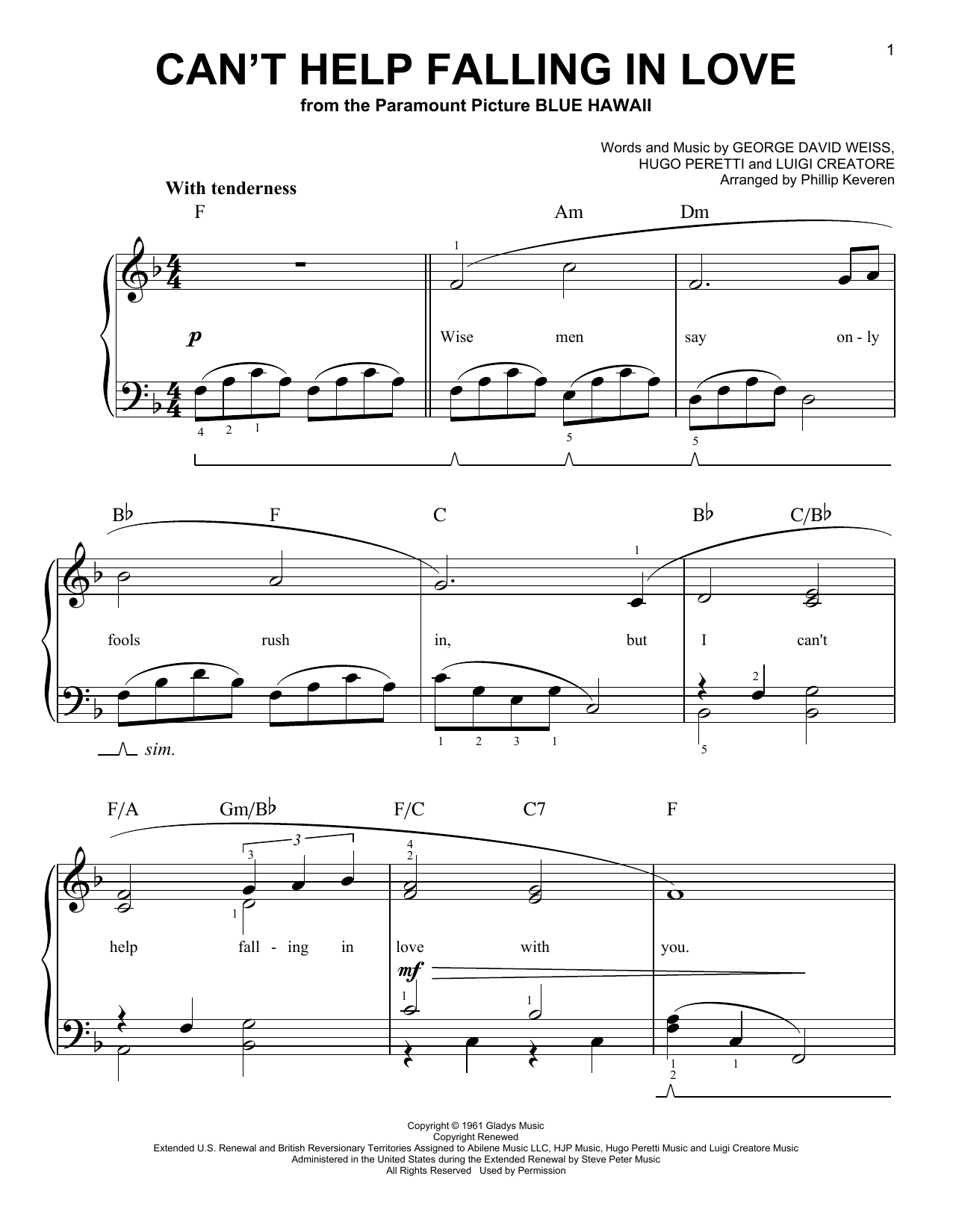 Phillip Keveren Can't Help Falling In Love Sheet Music Notes & Chords for Easy Piano - Download or Print PDF