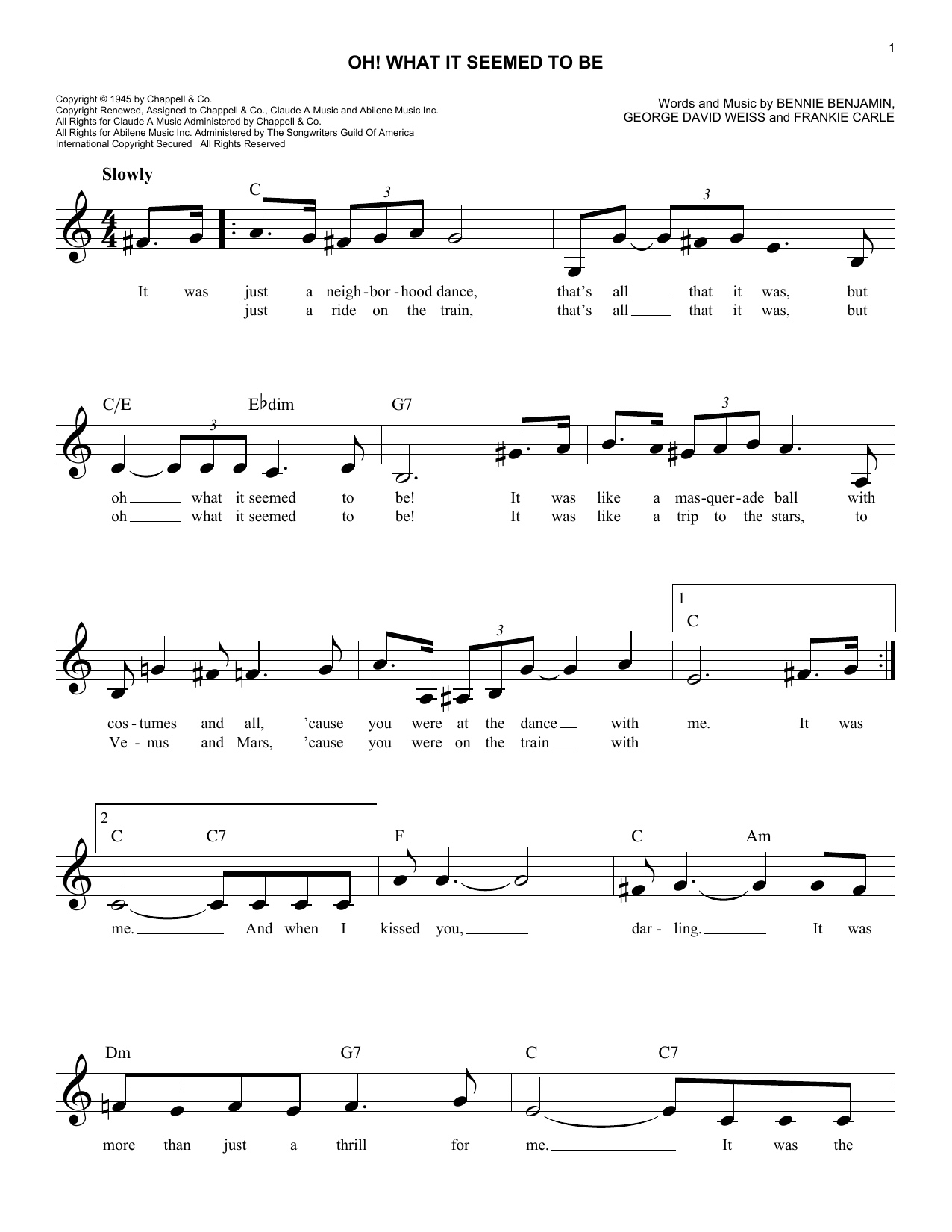 George David Weiss Oh! What It Seemed To Be Sheet Music Notes & Chords for Melody Line, Lyrics & Chords - Download or Print PDF