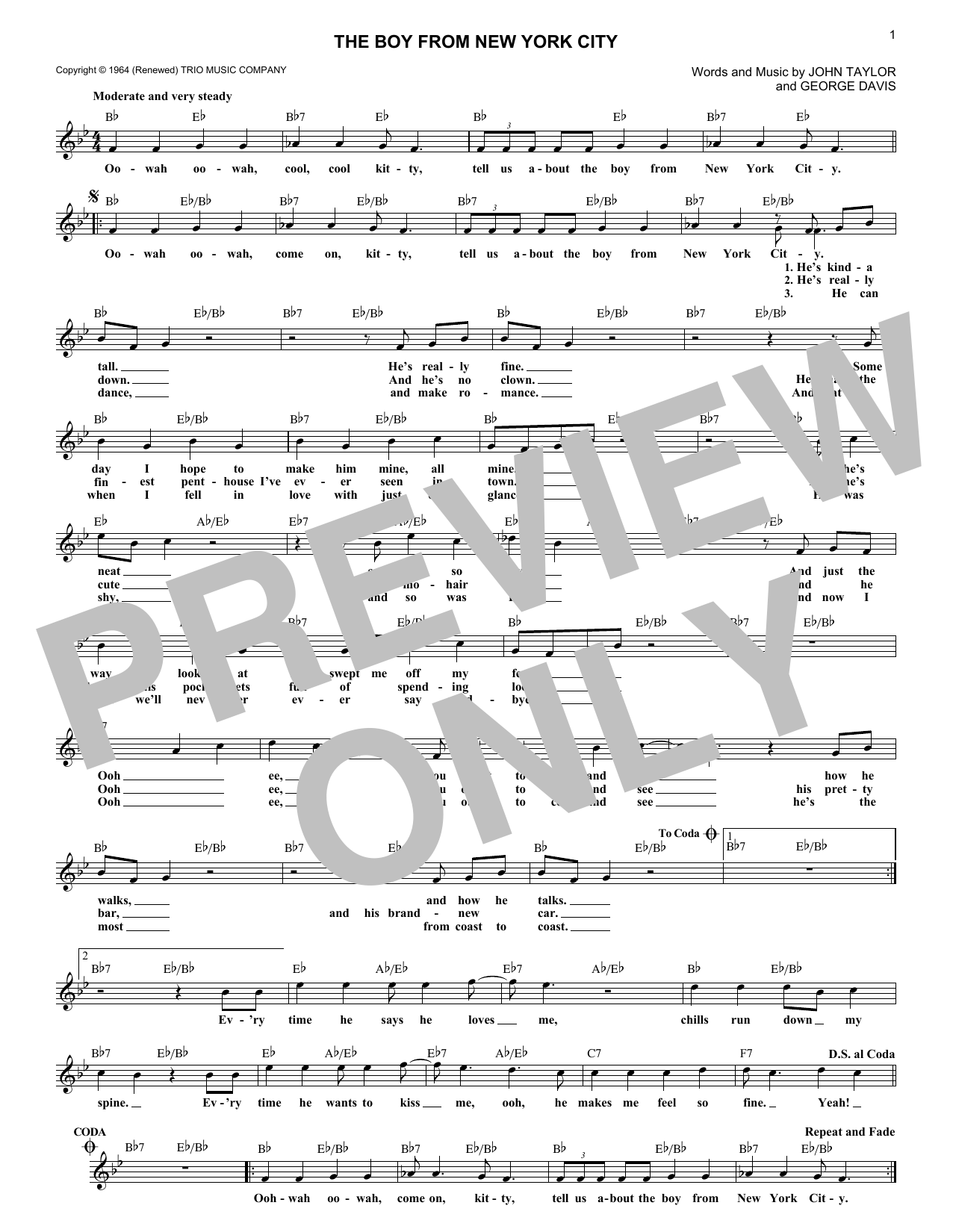 George Davis The Boy From New York City Sheet Music Notes & Chords for Melody Line, Lyrics & Chords - Download or Print PDF