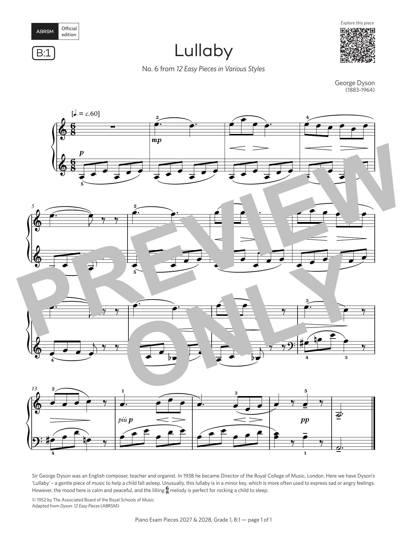 George Dyson Lullaby (Grade 1, list B1, from the ABRSM Piano Syllabus 2027 & 2028) Sheet Music Notes & Chords for Piano Solo - Download or Print PDF