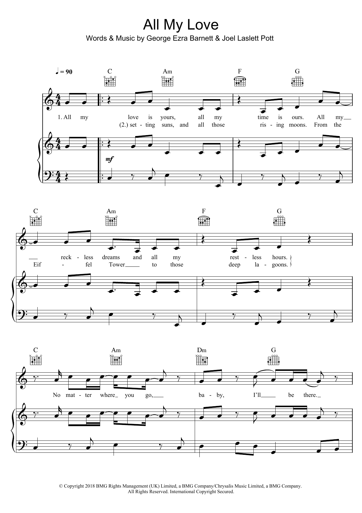 George Ezra All My Love Sheet Music Notes & Chords for Piano, Vocal & Guitar Chords (Right-Hand Melody) - Download or Print PDF