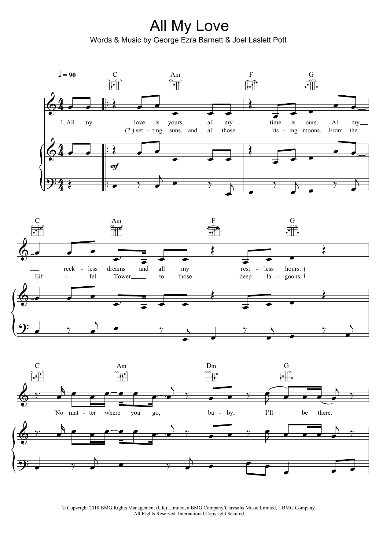 George Ezra All My Love Sheet Music Notes & Chords for Piano, Vocal & Guitar (Right-Hand Melody) - Download or Print PDF