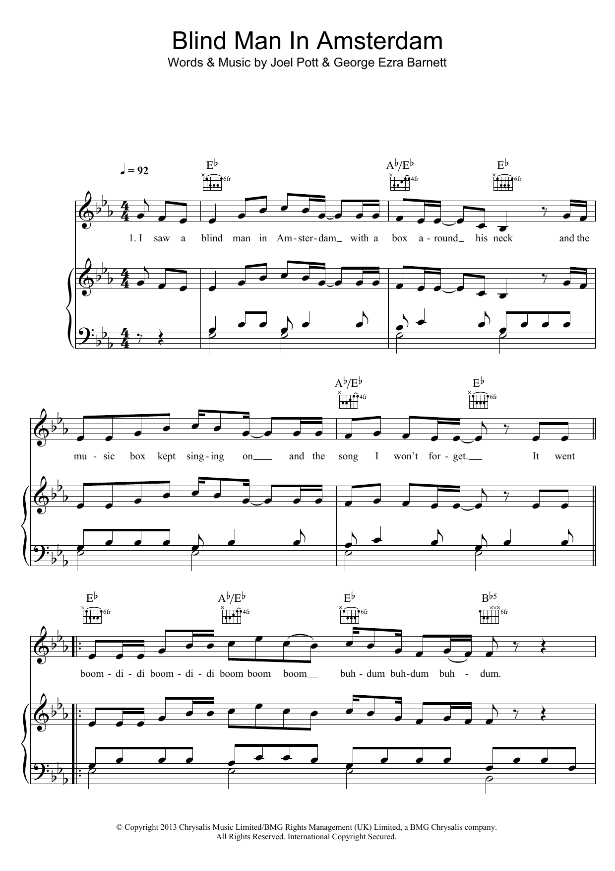 George Ezra Blind Man In Amsterdam Sheet Music Notes & Chords for Piano, Vocal & Guitar (Right-Hand Melody) - Download or Print PDF