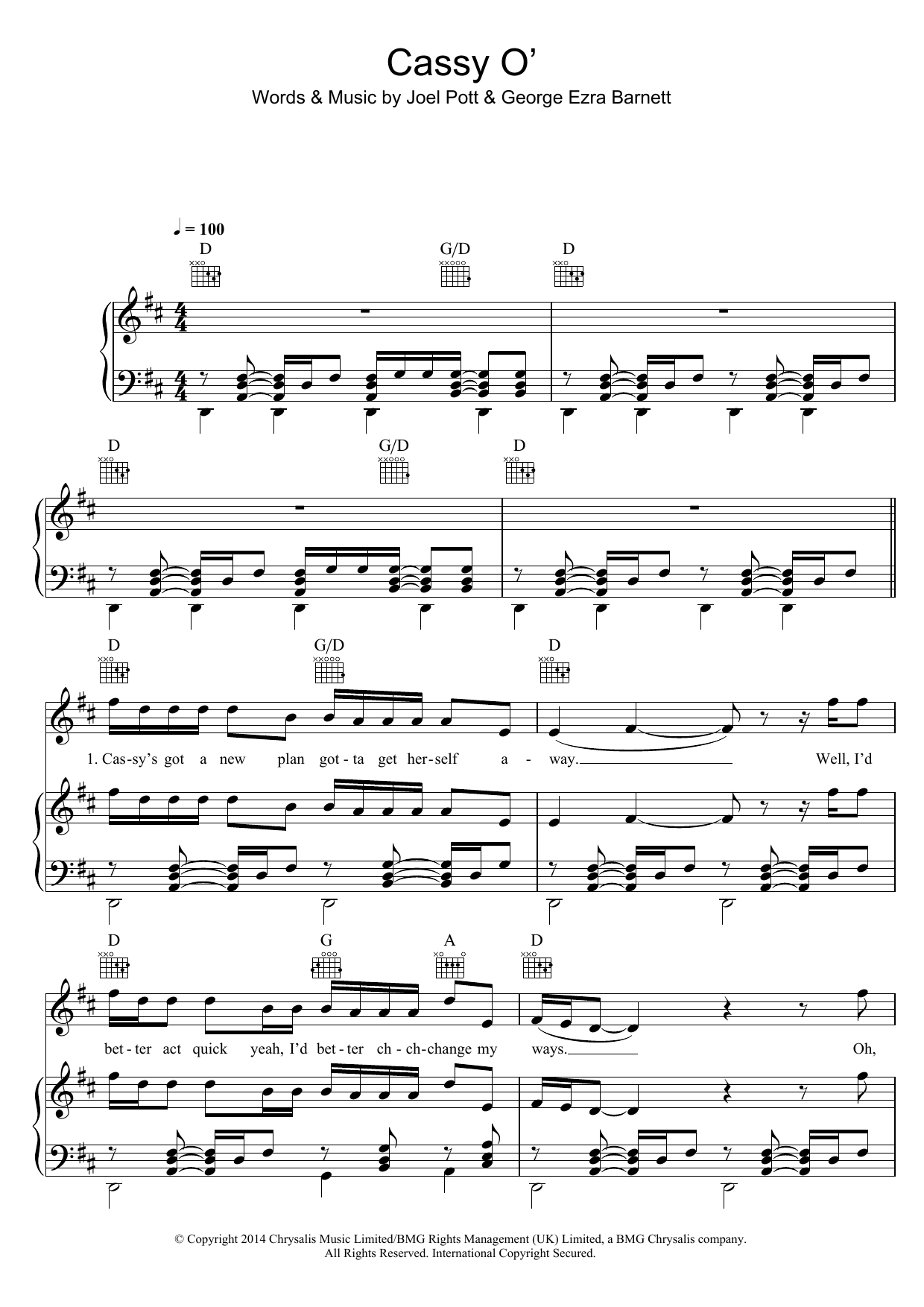 George Ezra Cassy O' Sheet Music Notes & Chords for Piano, Vocal & Guitar (Right-Hand Melody) - Download or Print PDF