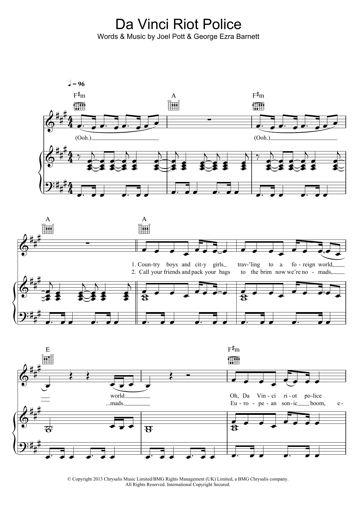 George Ezra Da Vinci Riot Police Sheet Music Notes & Chords for Piano, Vocal & Guitar (Right-Hand Melody) - Download or Print PDF