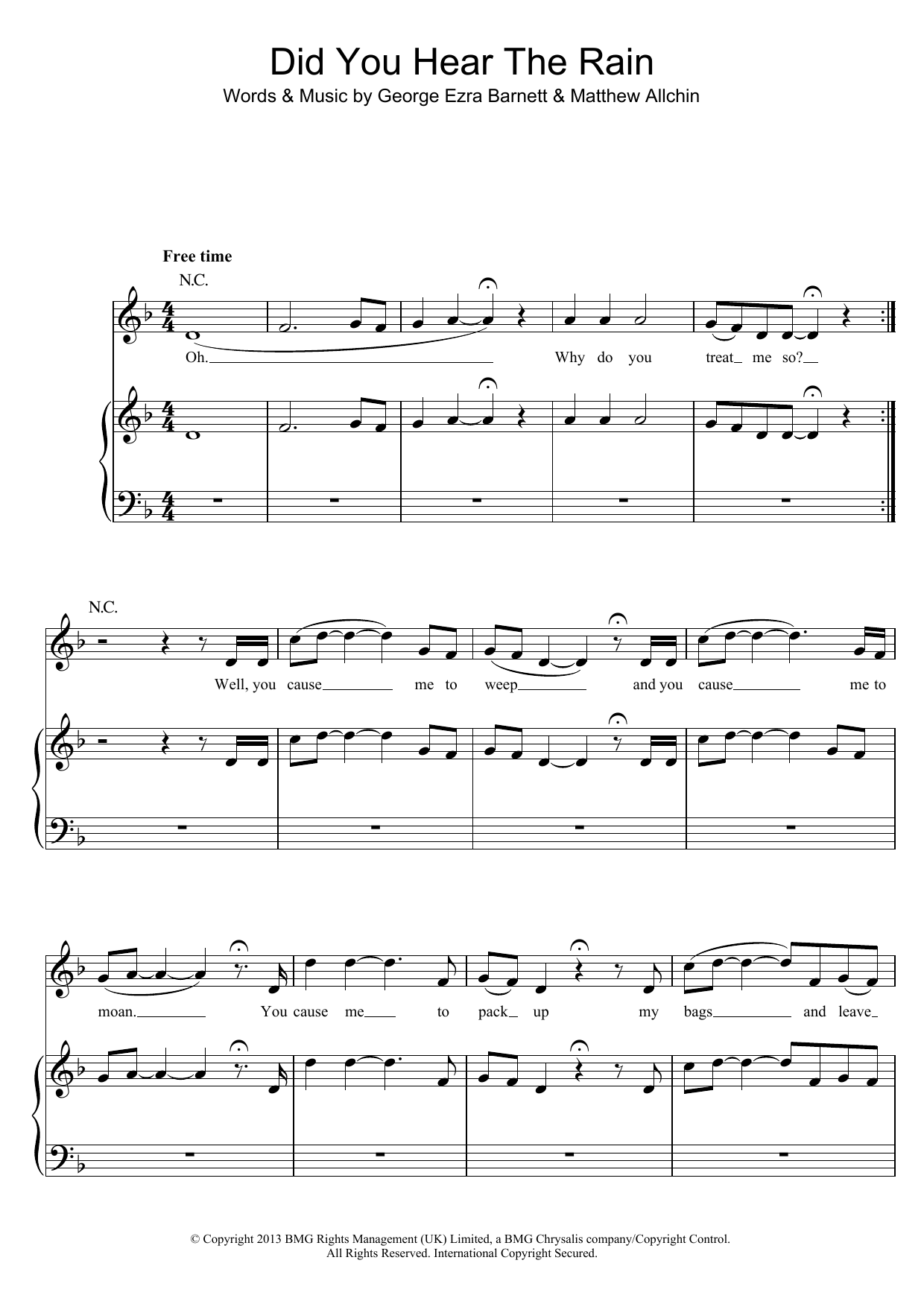 George Ezra Did You Hear The Rain? Sheet Music Notes & Chords for Piano, Vocal & Guitar (Right-Hand Melody) - Download or Print PDF