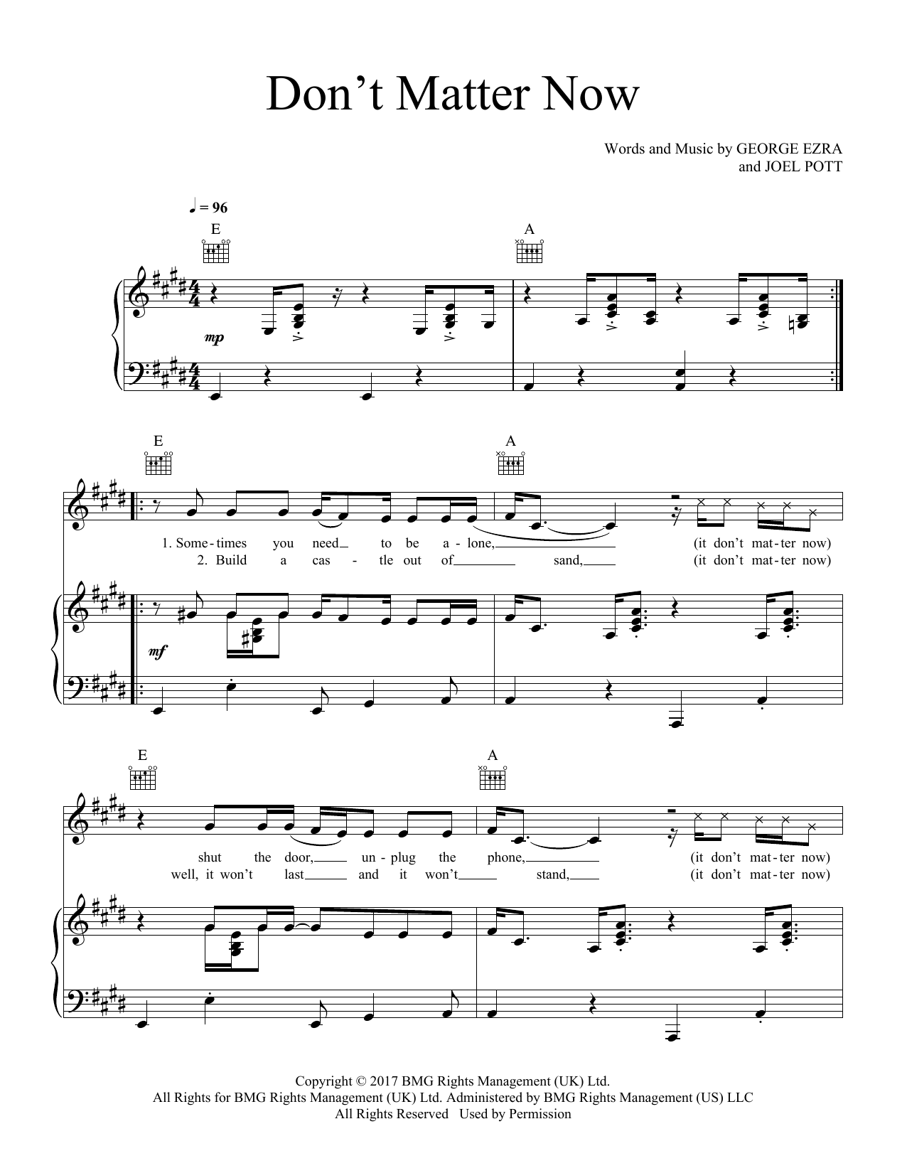 George Ezra Don't Matter Now Sheet Music Notes & Chords for Easy Piano - Download or Print PDF