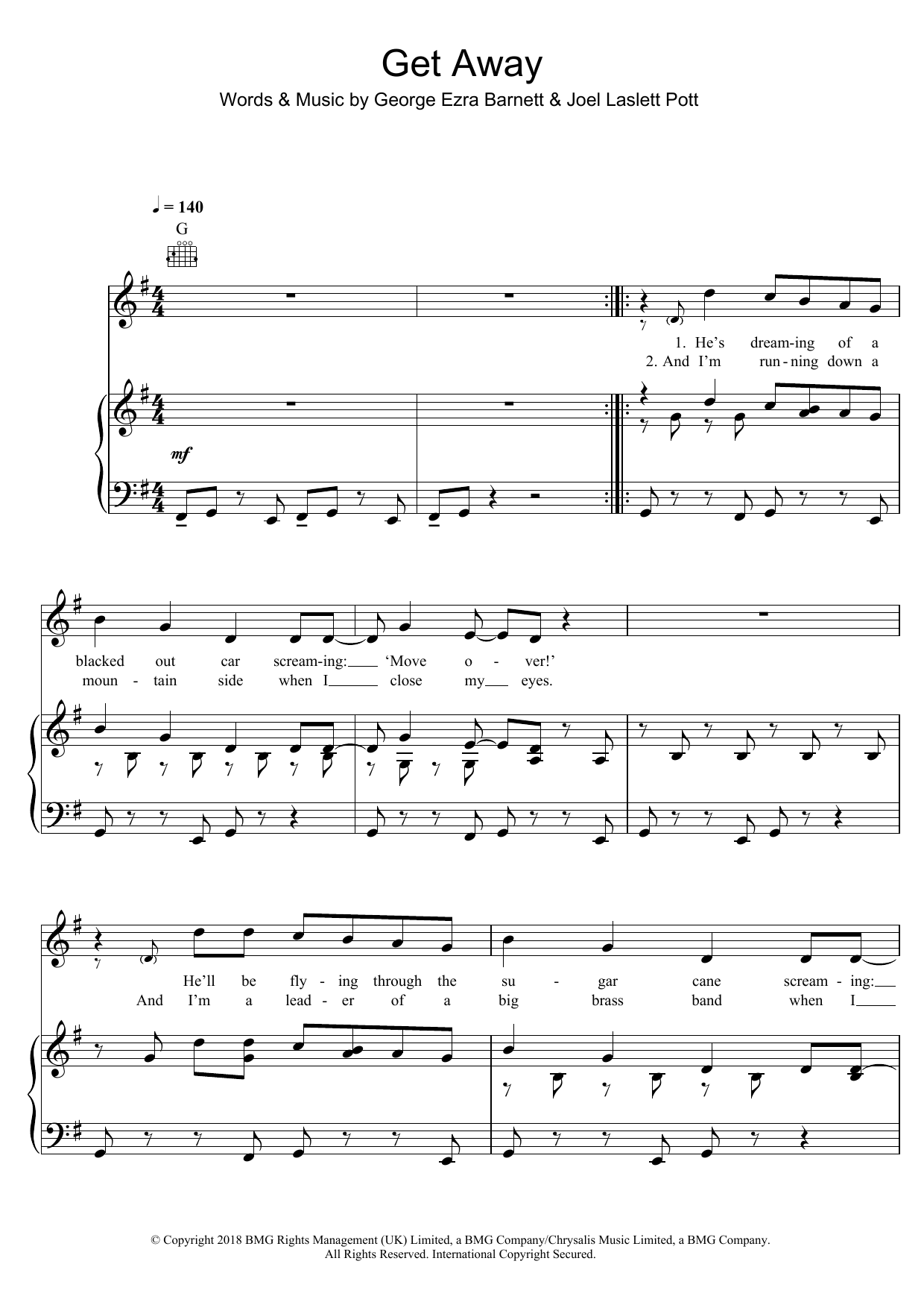 George Ezra Get Away Sheet Music Notes & Chords for Piano, Vocal & Guitar Chords (Right-Hand Melody) - Download or Print PDF