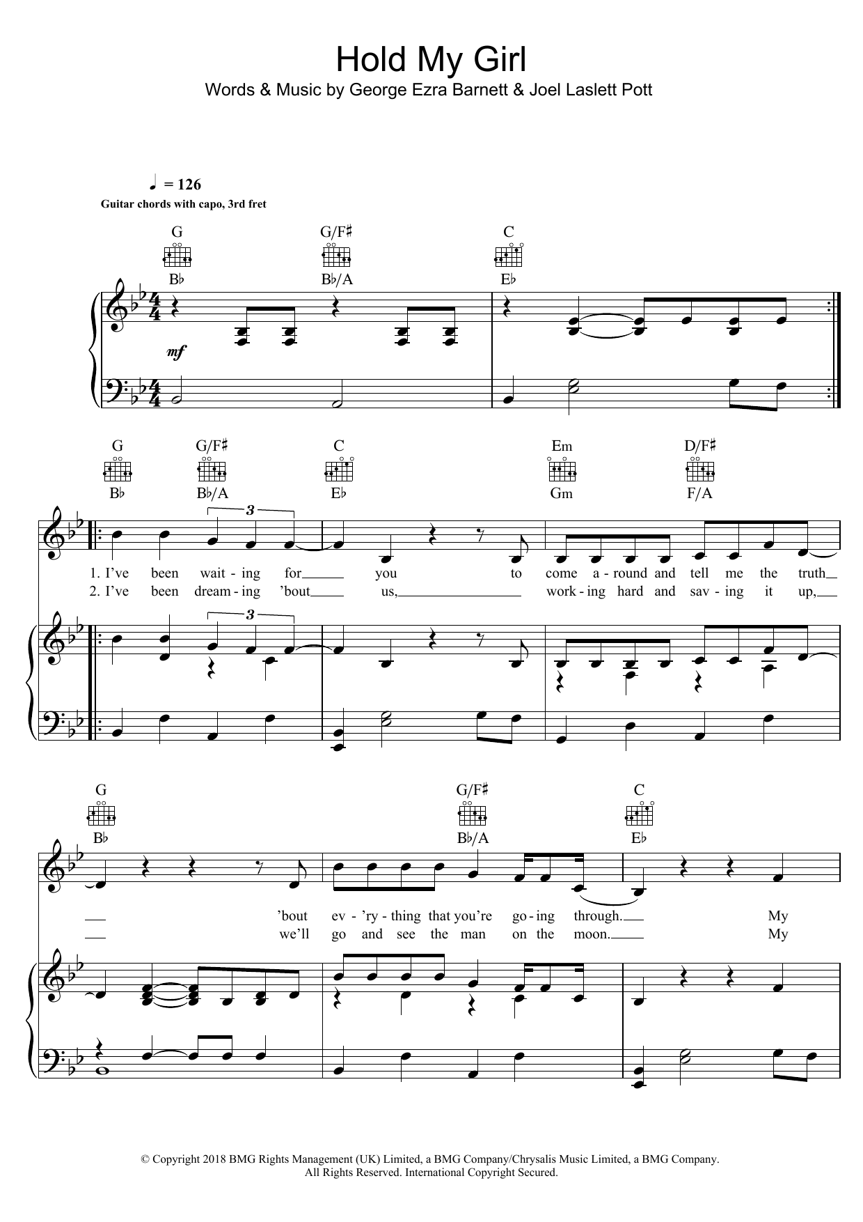 George Ezra Hold My Girl Sheet Music Notes & Chords for Piano, Vocal & Guitar (Right-Hand Melody) - Download or Print PDF